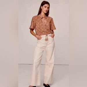 EUC BANANA REPUBLIC Cotton Popover Shirt With Tassel Tie Pink Floral Medallion L